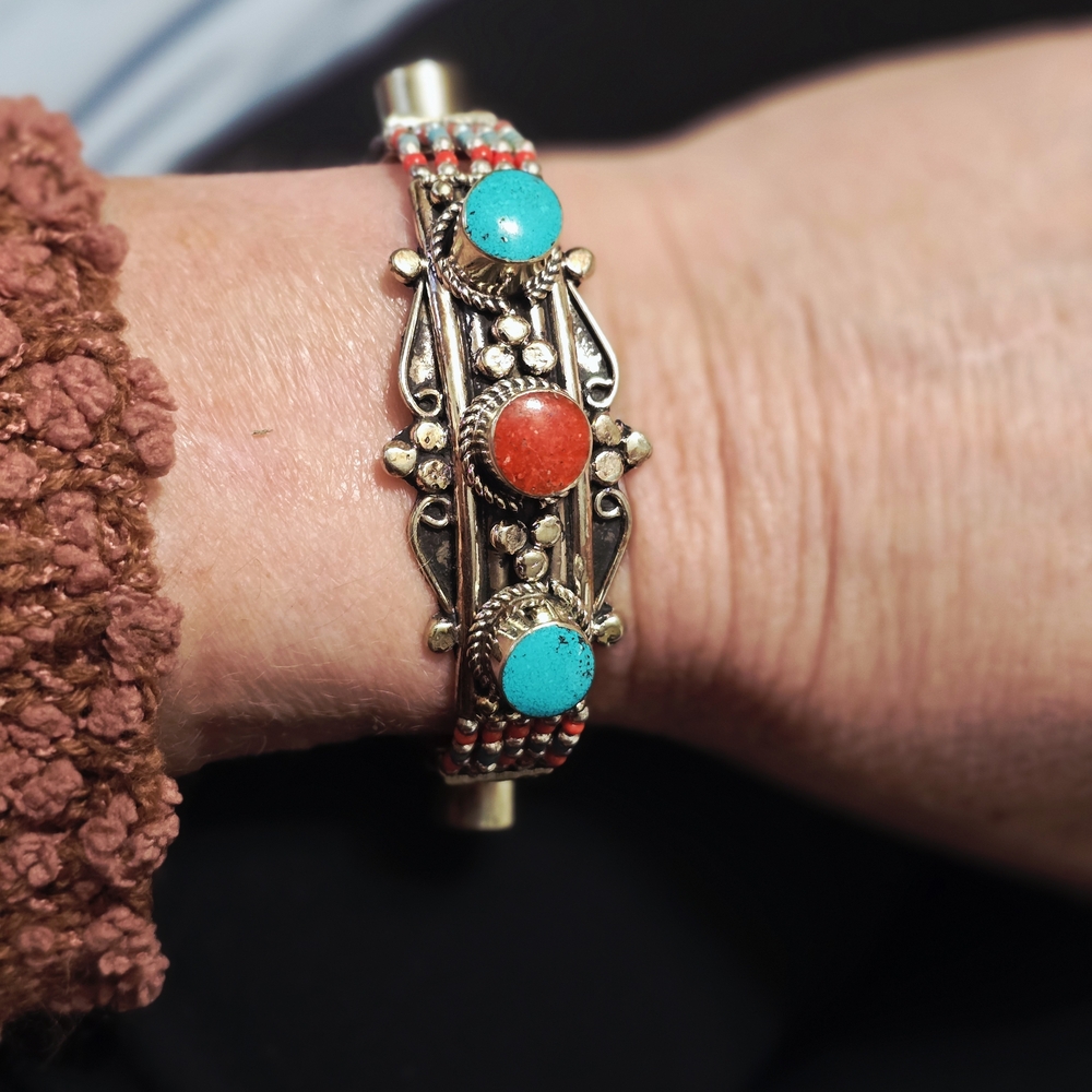 Tibetan Silver Turquoise and Coral Bracelet, Very Well Made